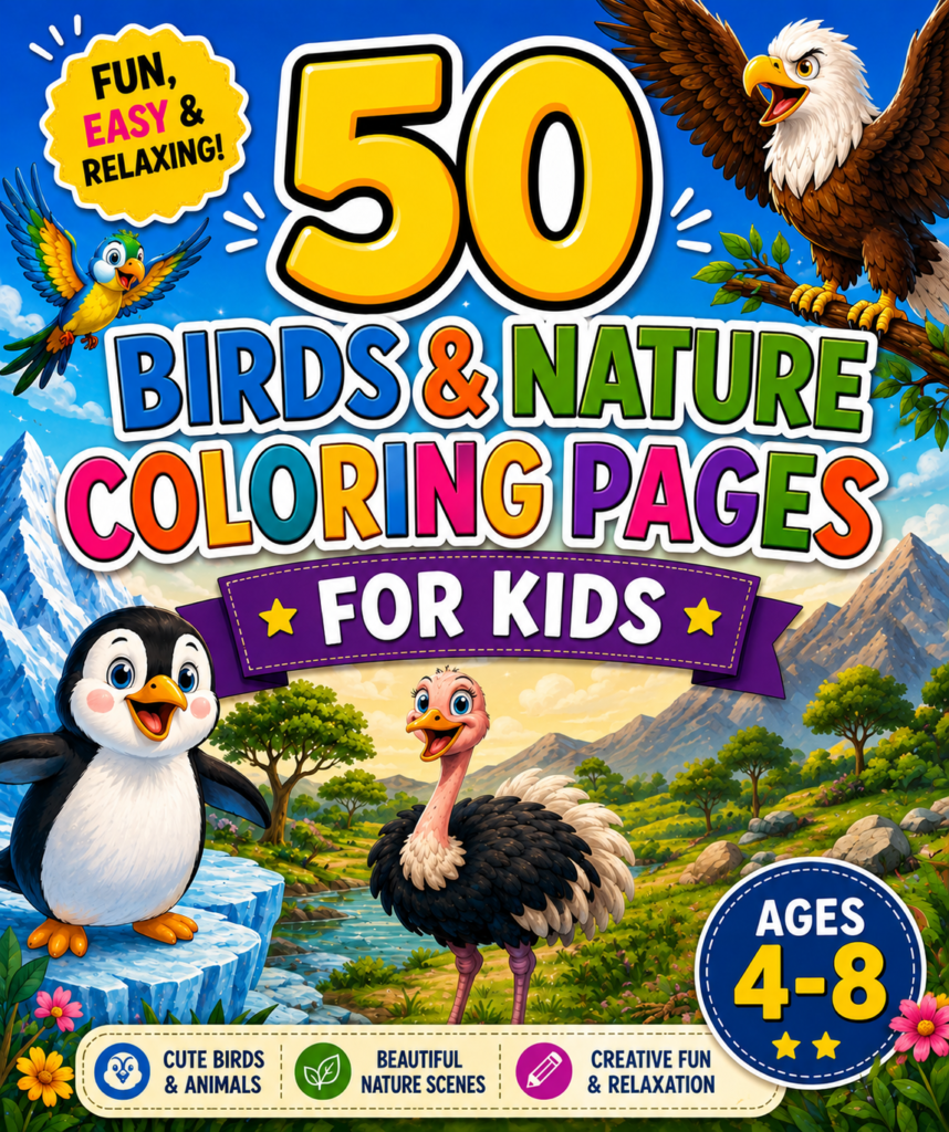 50 Birds & Nature Coloring Pages: For Kids Ages 4-8